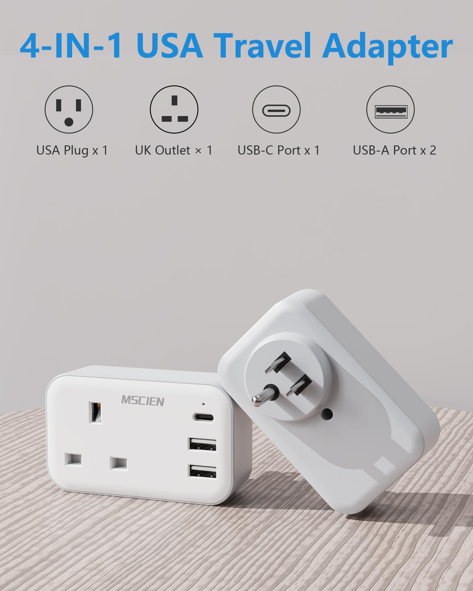 UK to US Plug Adaptor, Mscien USA Travel Adapter With 3 USB Ports (1 USB C) - Image 2