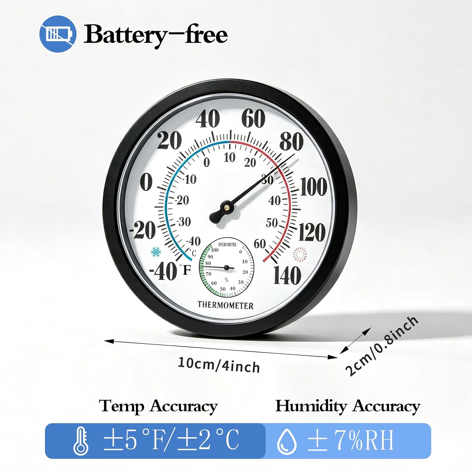 10" Indoor Outdoor Thermometer Hygrometer, Weatherproof Gauge (Black) | Battery-Free Mechanical Design, Large Bold Dial, °F/°C Dual Scale, Round Wall Mount, Fits Patio, Garden, Home