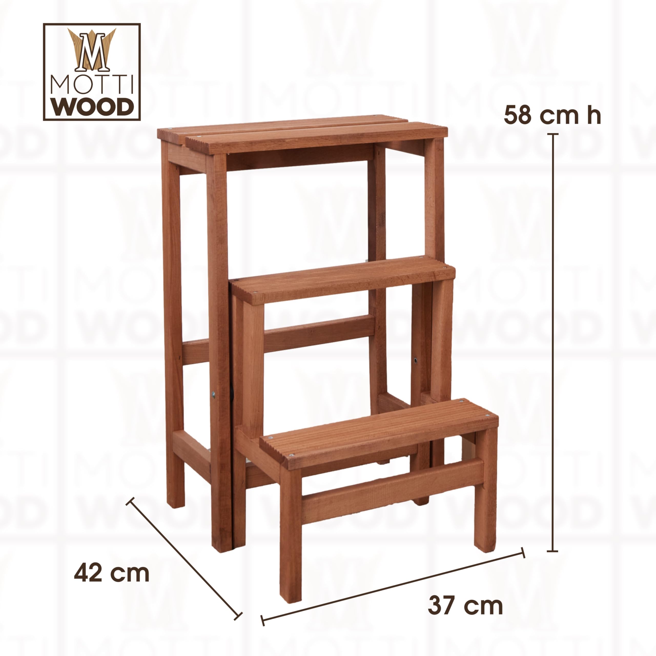 Mottiwood Tabouret Escalier avec rabat, 3 marches, couleur noix, pliable, antidérapant, peu encombrant, bois de hêtre, dimensions 37 x 42,5 x 58 cm A2782