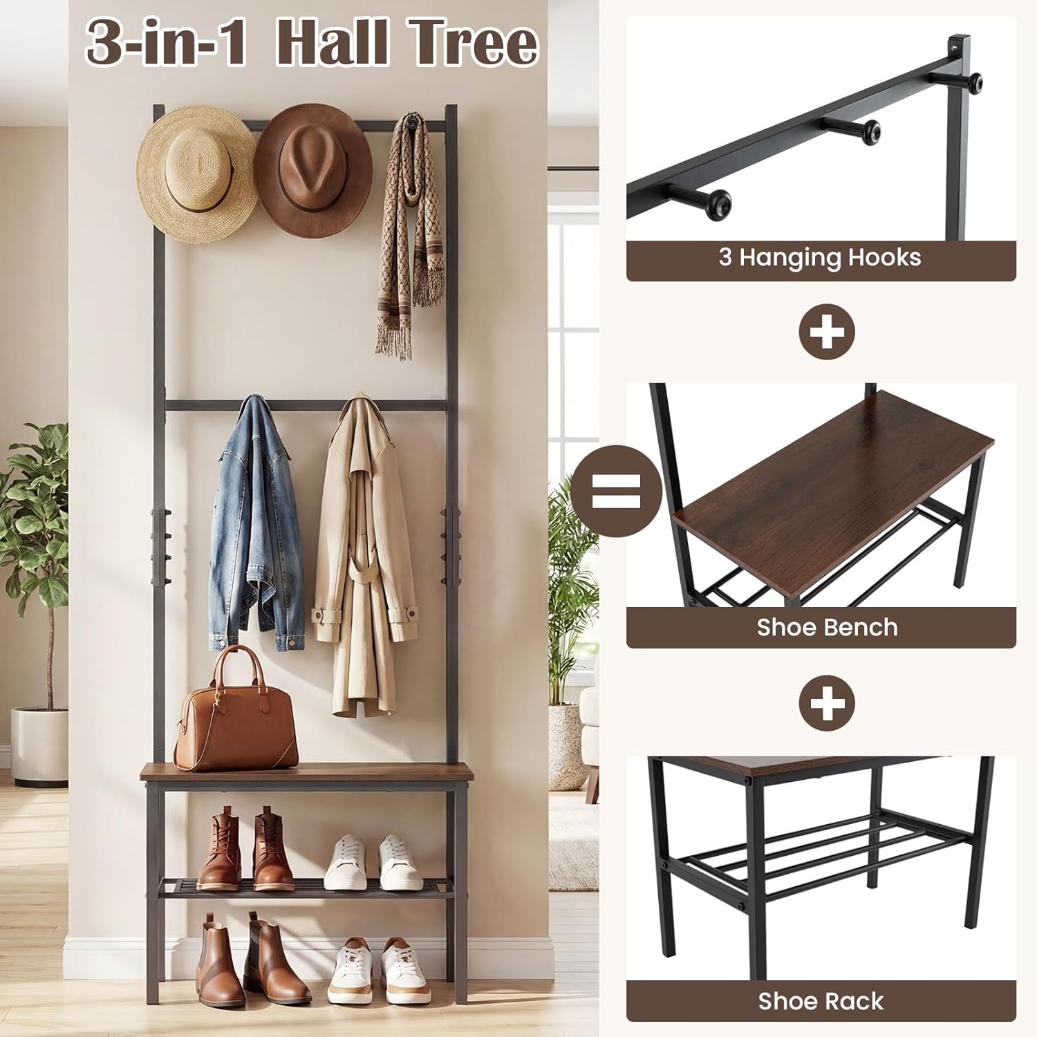 Giantex 3-in-1 Hall Tree with Bench and Shoe Storage, Freestanding Coat Rack with Hooks, Heavy Duty Metal Frame, Industrial Narrow Mudroom Organizer for Entryway Living Room Bedroom