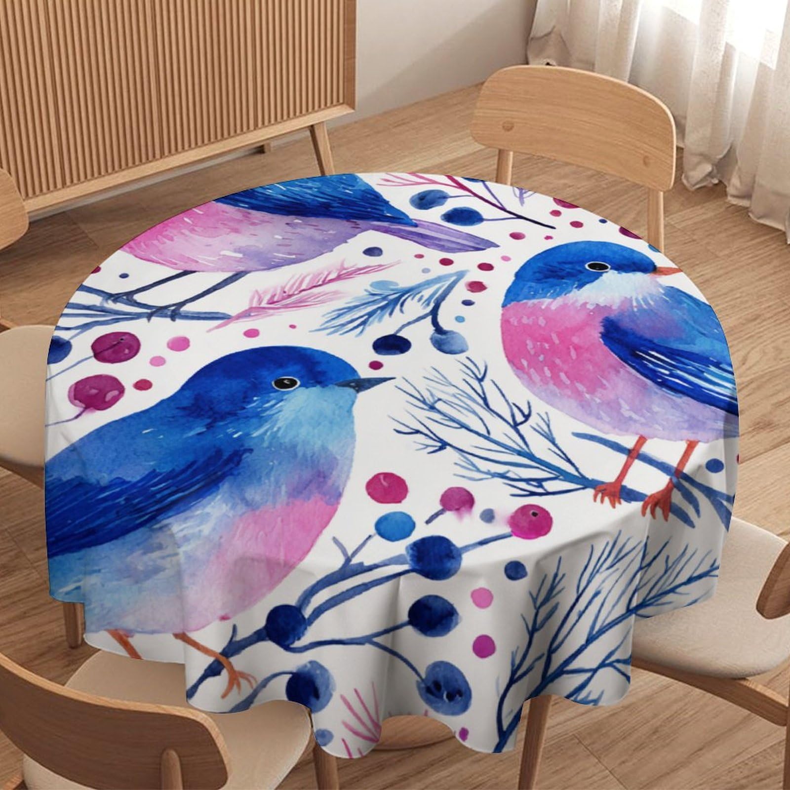 LUYYSKY Funny Cute Blue Birds Waterproof Round Tablecloth Retro Watercolor Japanese Botanical Fruit Blueberries Animals Bird Washable Table Cover for Kitchen-177.8" Wx177.8 L cm