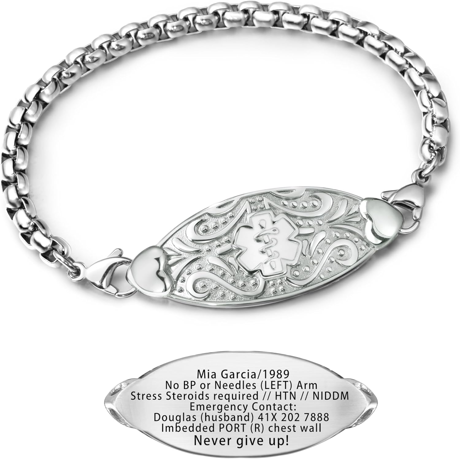 Custom Medical Alert Bracelet for Women with Free Engraving,Personalized Emergency Identification Bracelet Waterproof Diabetic Women's Medical Alert ID Bracelet,6.0 to 9.0 Inches