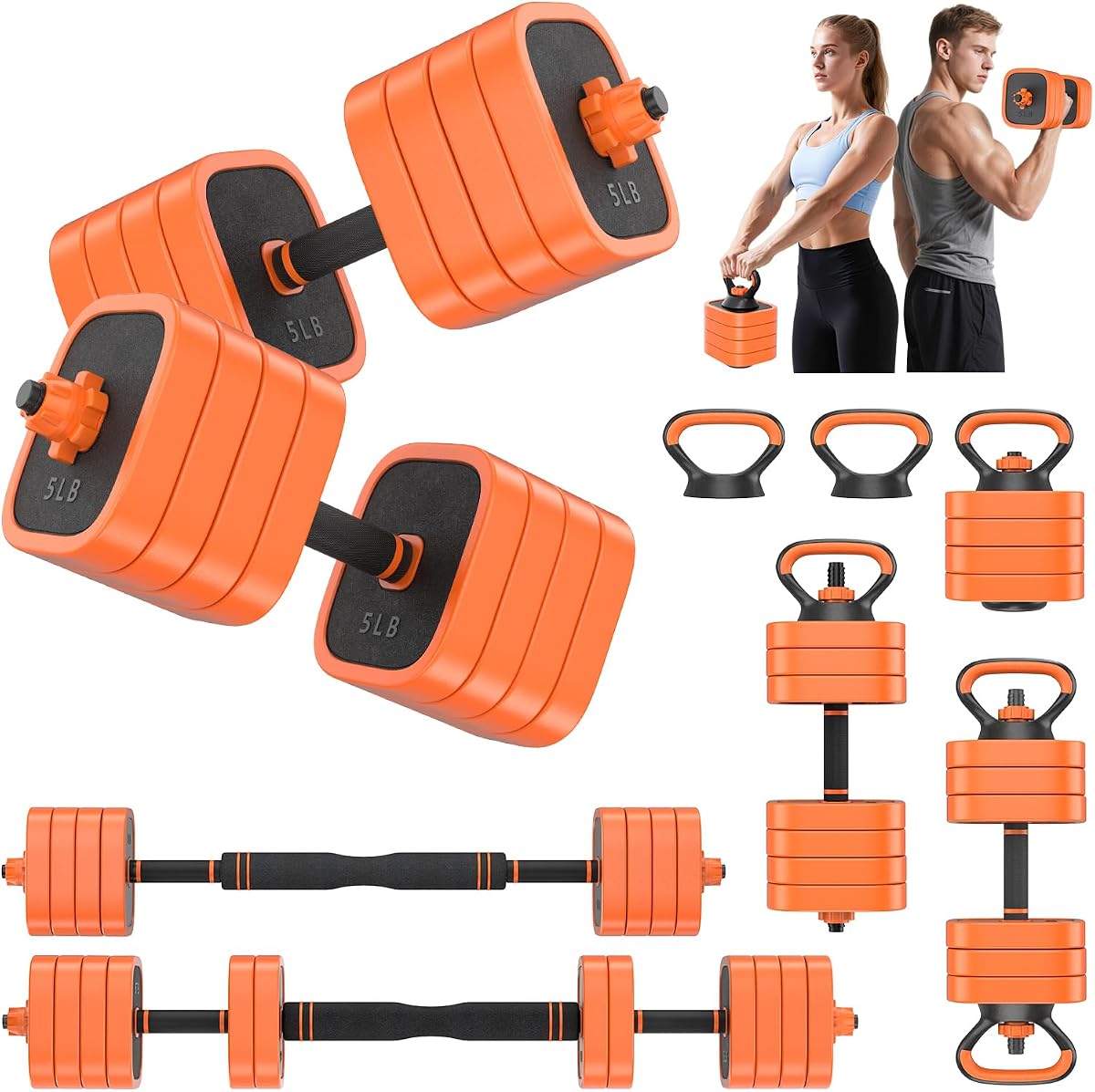 Rendpas Adjustable Dumbbell Set of 2 with Connector, 45/65/85 lbs Free Weights, 4-in-1 Barbell Kettlebell Push Up Stand Home Gym for Men Women