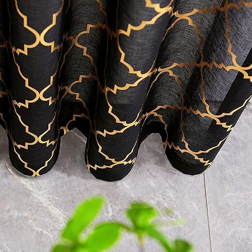 Miniatura 5 de YJ YANJUN Cortinas negras y doradas para dormitorio, cortinas traslúcidas negras con estampado de azulejos marroquíes metálicos, 63 pulgadas de