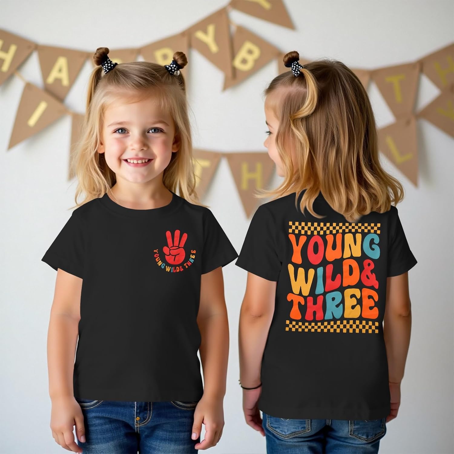 MODNTOGA Toddler Girls Young Wild and Three Shirt Birthday Girl T-Shirt 3rd Birthday Outfit 3 Year Old Third B-Day Party Tops