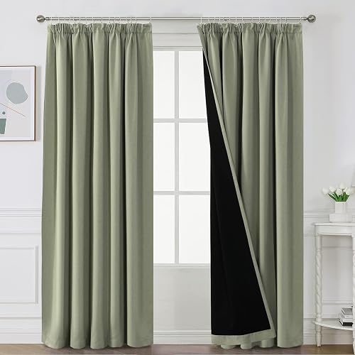 BellaHills 100% Blackout Curtains for Bedroom Thermal Insulated Curtains & Drapes Blackout Curtains Pencil Pleat Curtains for Living Room with Black Liner 2 Panels Set, 90 x 90 Inch, Light Sage