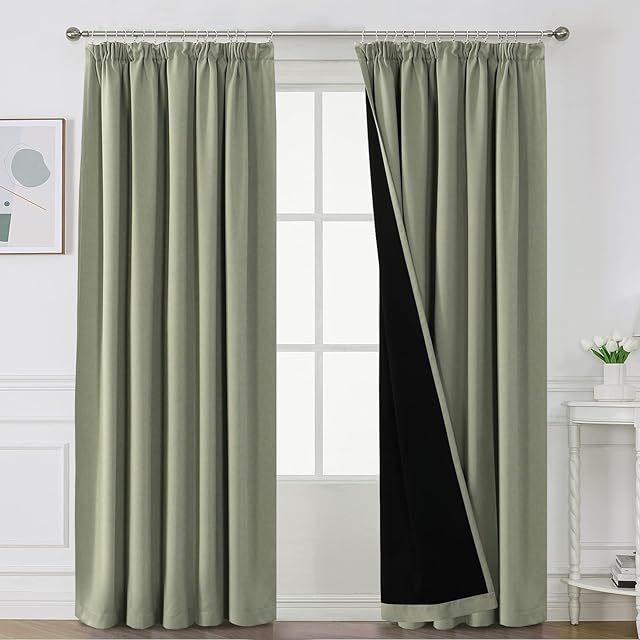 BellaHills 100% Blackout Curtains for Bedroom Thermal Insulated Curtains & Drapes Blackout Curtains Pencil Pleat Curtains for Living Room with Black Liner 2 Panels Set, 90 x 90 Inch, Light Sage