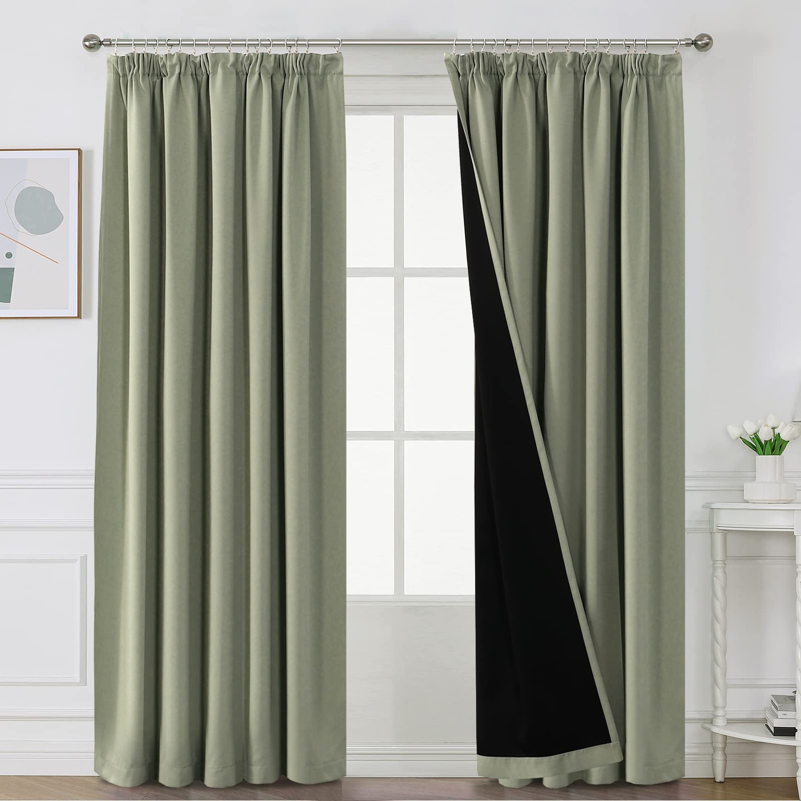 Bellahills Light Sage 100% Blackout Curtains For Bedroom Thermal Insulated Curtains & Drapes Blackout Curtains Pencil Pleat Curtains For Living Room With Black Liner 2 Panels, 90 X 90 Inch,