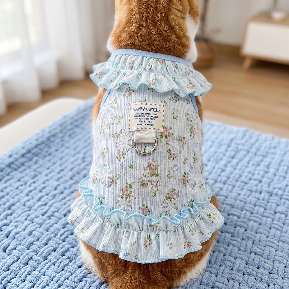 Dog Cat Cooling Summer Dress with D-Ring, Ice Silk Mesh Breathable Pet Clothes, Anti-UV Mosquito Proof, High Elastic Ruffle Dress & Half Belly Cover for Small Dogs Cats(Sky Blue, Small)
