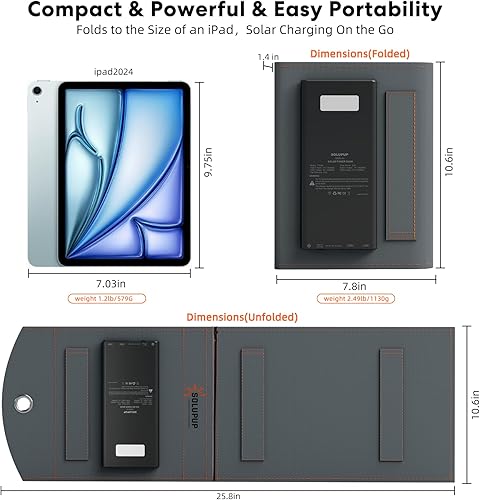 Miniatura 7 de Cargador solar de 10000 mAh, panel solar portátil plegable de 30 W, carga rápida con 1 puerto tipo C y 2 puertos USB-A, impermeable IPx5, para