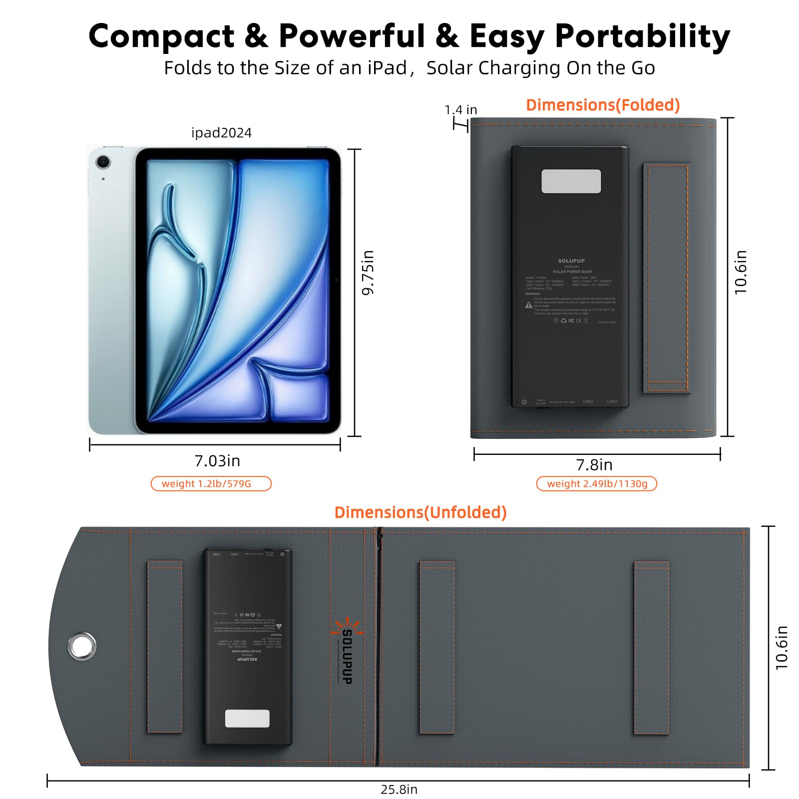 Cargador solar portátil mejorado de 30 W, banco de energía de 10000 mAh, cargador de batería plegable de 5 V 3 A para camping, senderismo, mochileros, viajes al aire libre, compatible con tableta y
