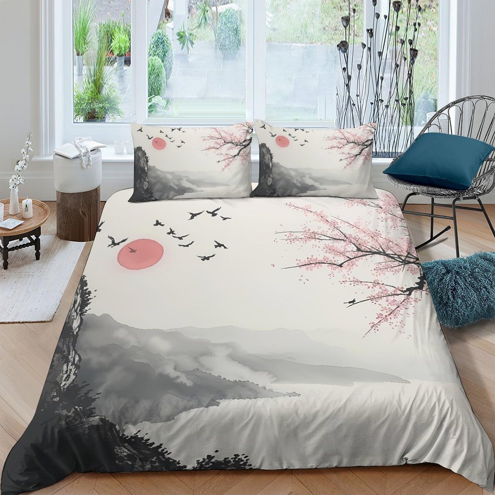 Ctjqhvkz Style-2 3D Printed Sakura Sunrise Fitted Sheet Microfiber Soft Breathable Mountain Mist Bed Cover For Bedroom Decor Protection Single（135X200cm）