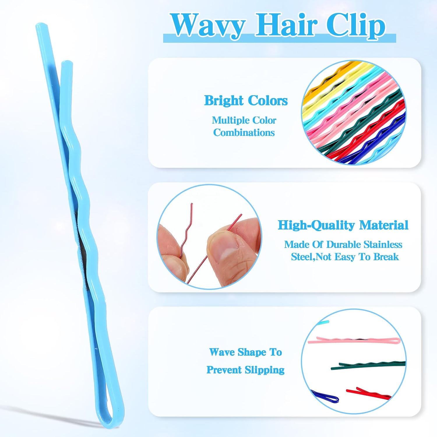 50pcs Colorful Bobby Pins, 2.2 Inch Metal Hair Clips Mini Hair Pins Barrettes Hairpins Accessories for Women Gilrs Buns Long Straight Curly Hair Various Hairstyles, Wavy Style