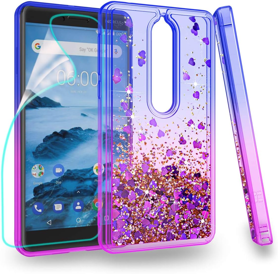 Zingcon Compatible for Nokia 6 2018 Case, 6.1 Phone Case, Glitter Case with Quicksand Bling adorable shine,[HD Screen Protector]Shockproof Protective Cover-Blue/Purple