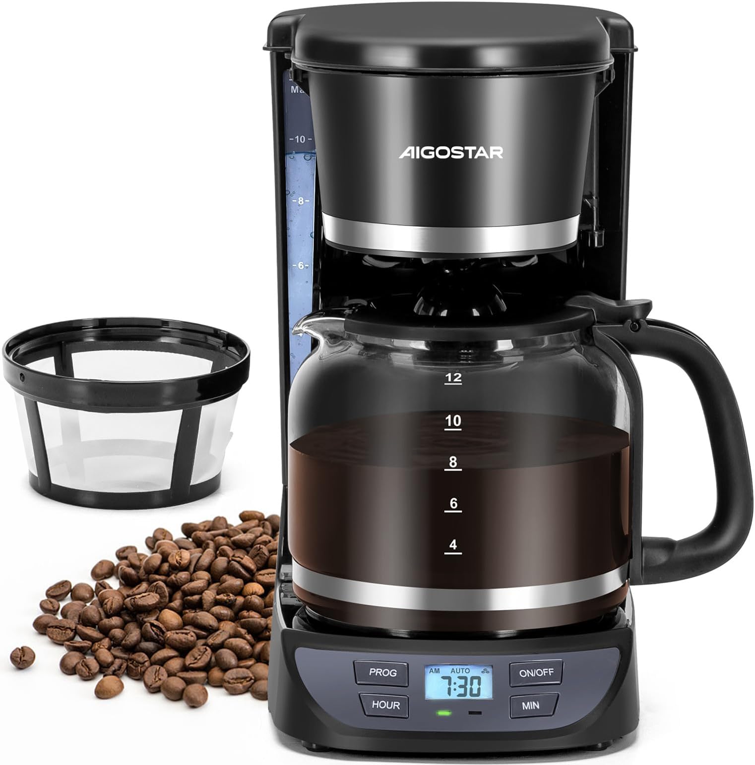 Aigostar Programmable Coffee Maker, 12 Cup with Glass Carafe, Auto Pause & Keep Warm, 24H Timer, Permanent Filter, Black