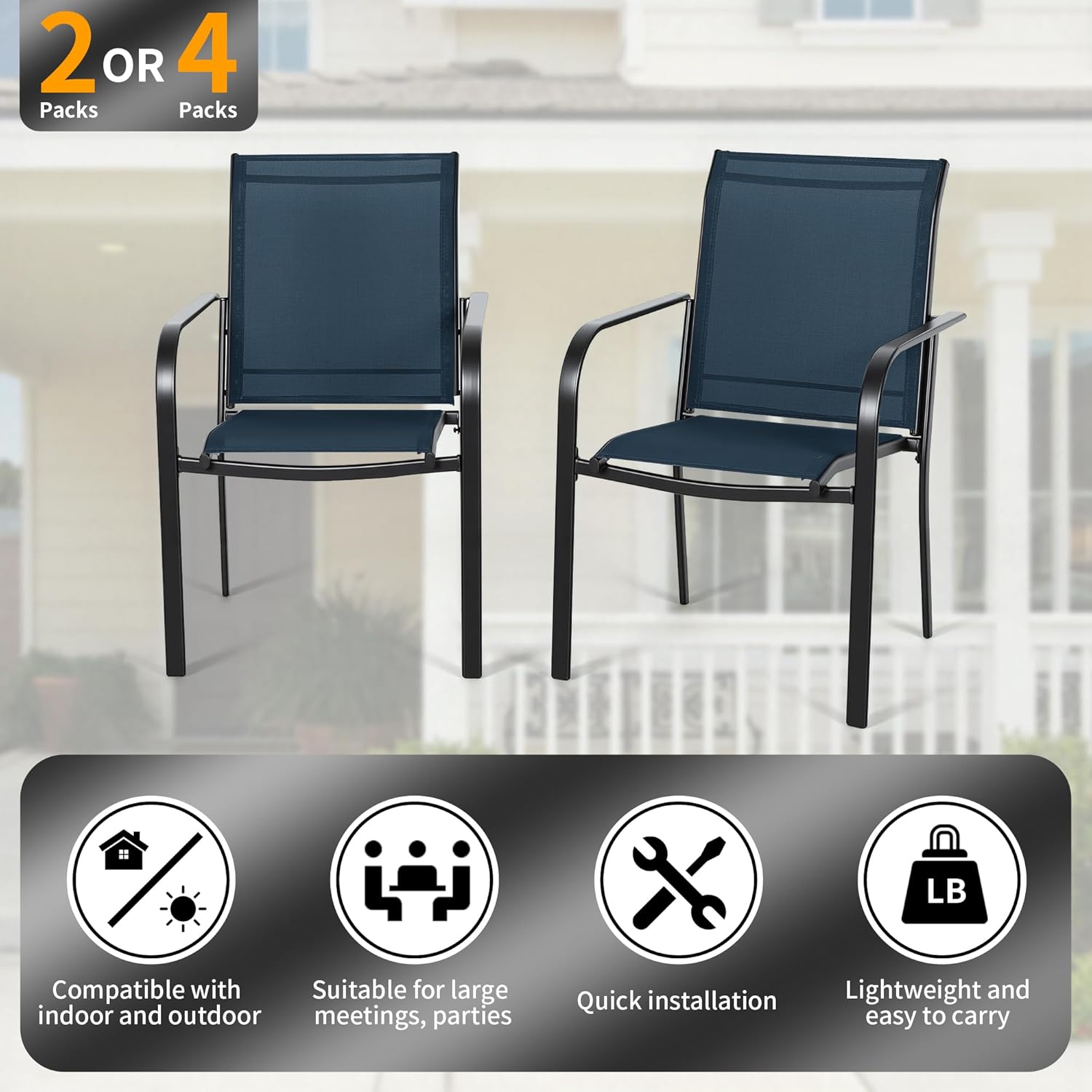 Oakcloud 4 Pieces Patio Wrought Iron Chairs, Metal Frame & Textilene Fabric Outdoor Dining Chair, Stackable Dining Chairs with Armrest for Garden Backyard, 250 LBs (Blue)