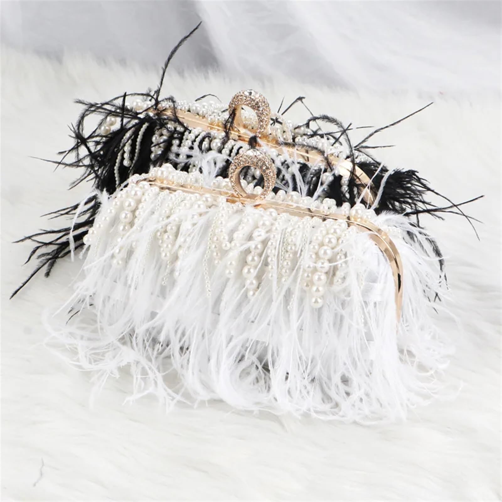 Borsa Piume Borsa a mano con piume di perle, borse da sera donna, borsa anello, pochette cena, festa, a tracolla per festa