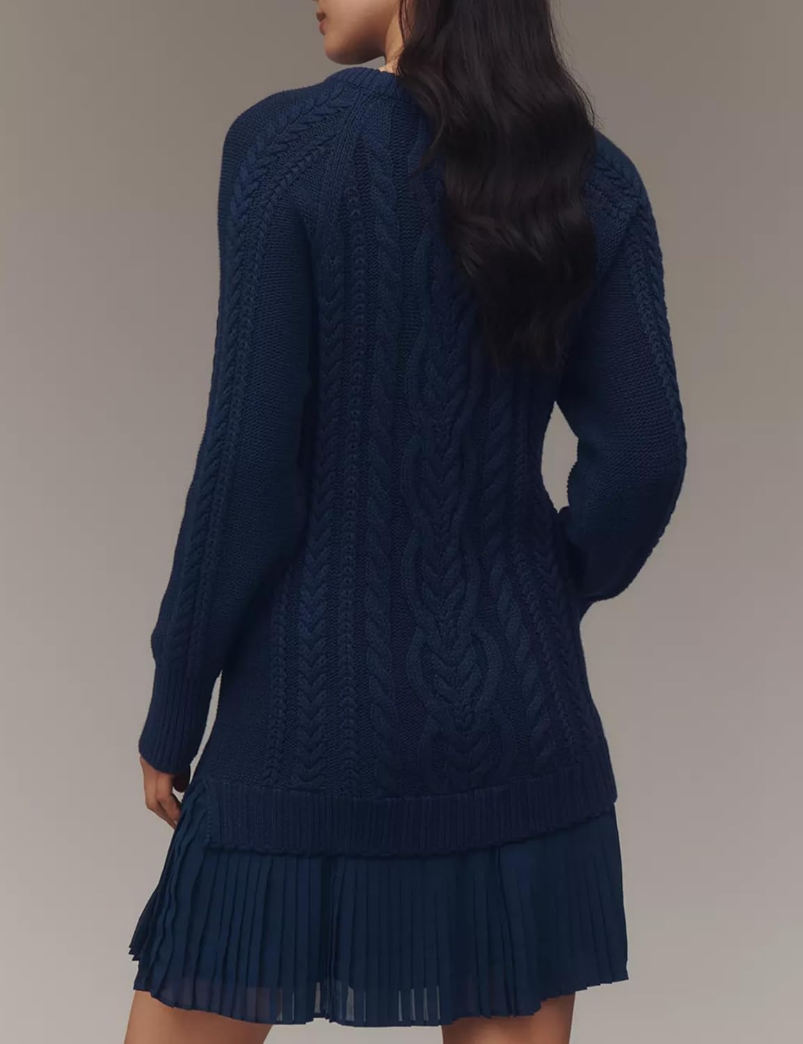 Shiyifa Womens Cable Knit Sweater Dress Crewneck Patchwork Pleated Dresses Twofer Style Long Sleeve Mini Dress 2025 - Image 3