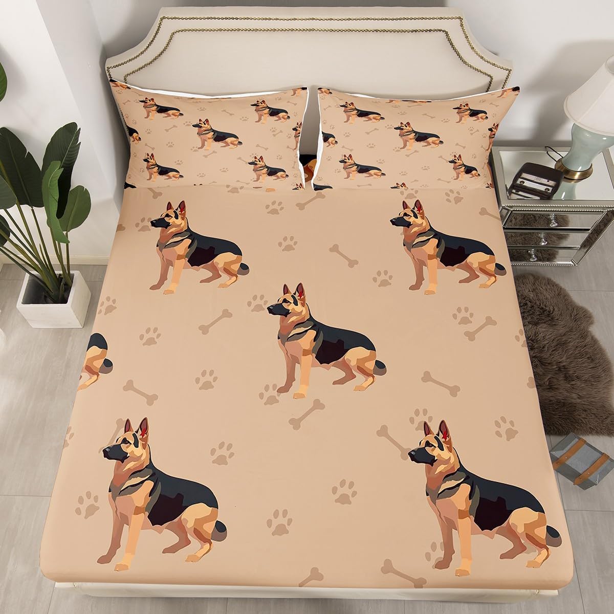 Feelyou German Shepherd Bedding Kids Cartoon Dog Sheets Deep Pocket Pet Animal Paws Bed Cover Set for Women Men Room Decor Lightweight Bed Cover Set Queen with 2 Pillow Case