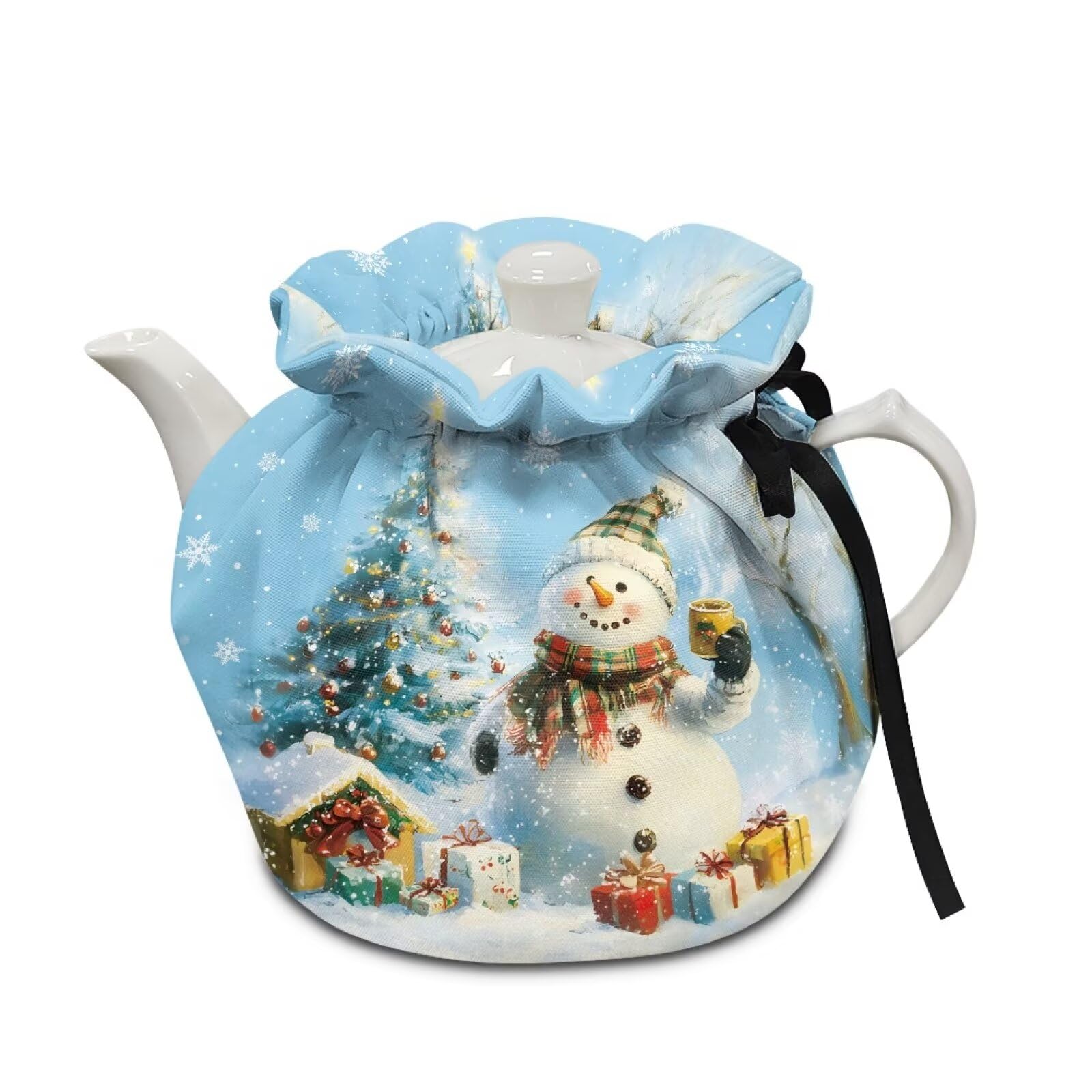 Generic Blue Snowman Tea Pot Cozies Dust Proof Christmas Soft Breakfast Pot Protector Warmth and Insulation Christmas Kettles Bag Wear-Resistant Coffee Kettle Drop Protection