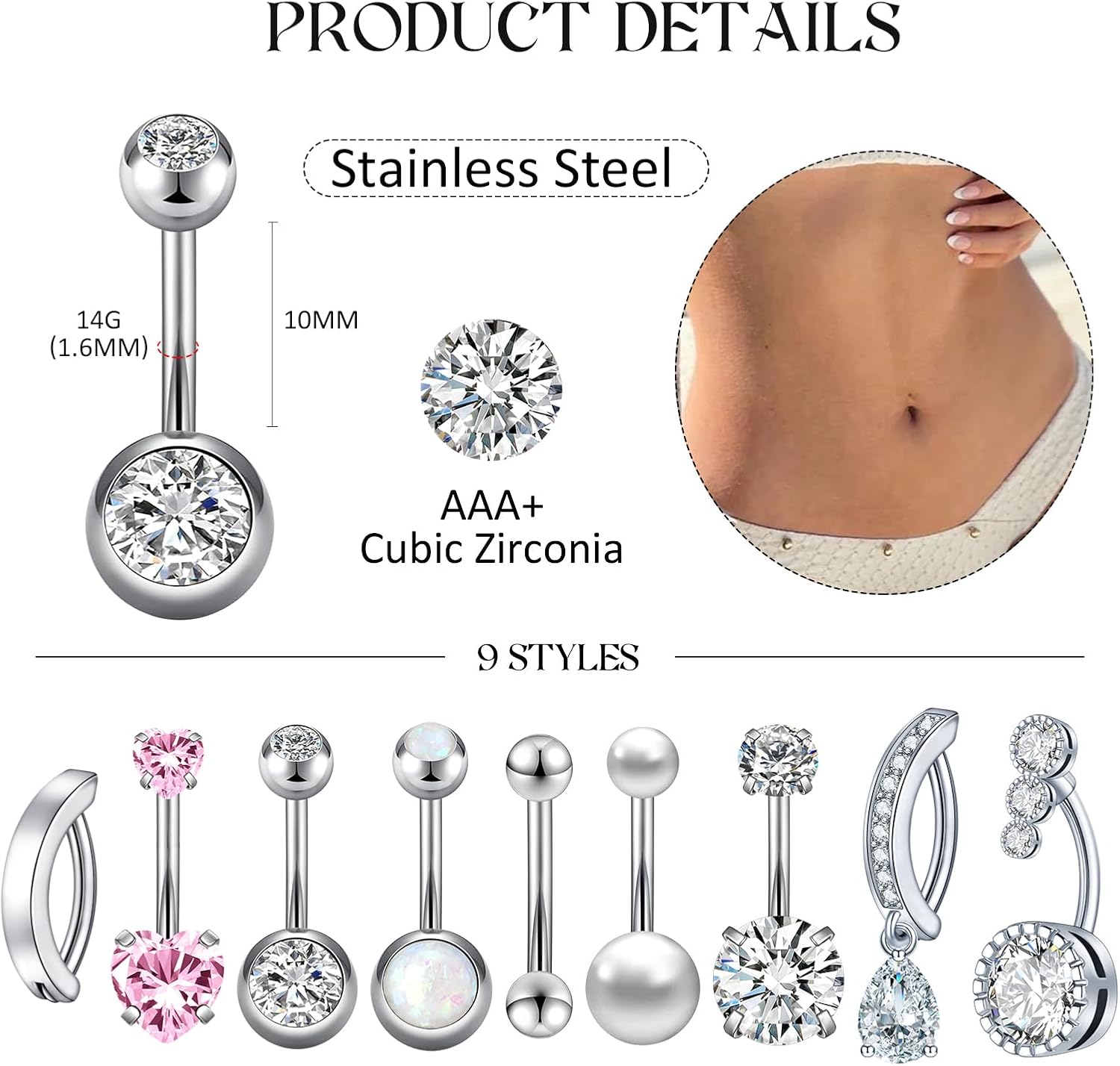 9PCS 14G 1.6MM Belly Button Ring Stainless Steel Clicker Belly Ring CZ Opal Pearl Belly Piercing Navel Piercings Pack for Women - Image 2