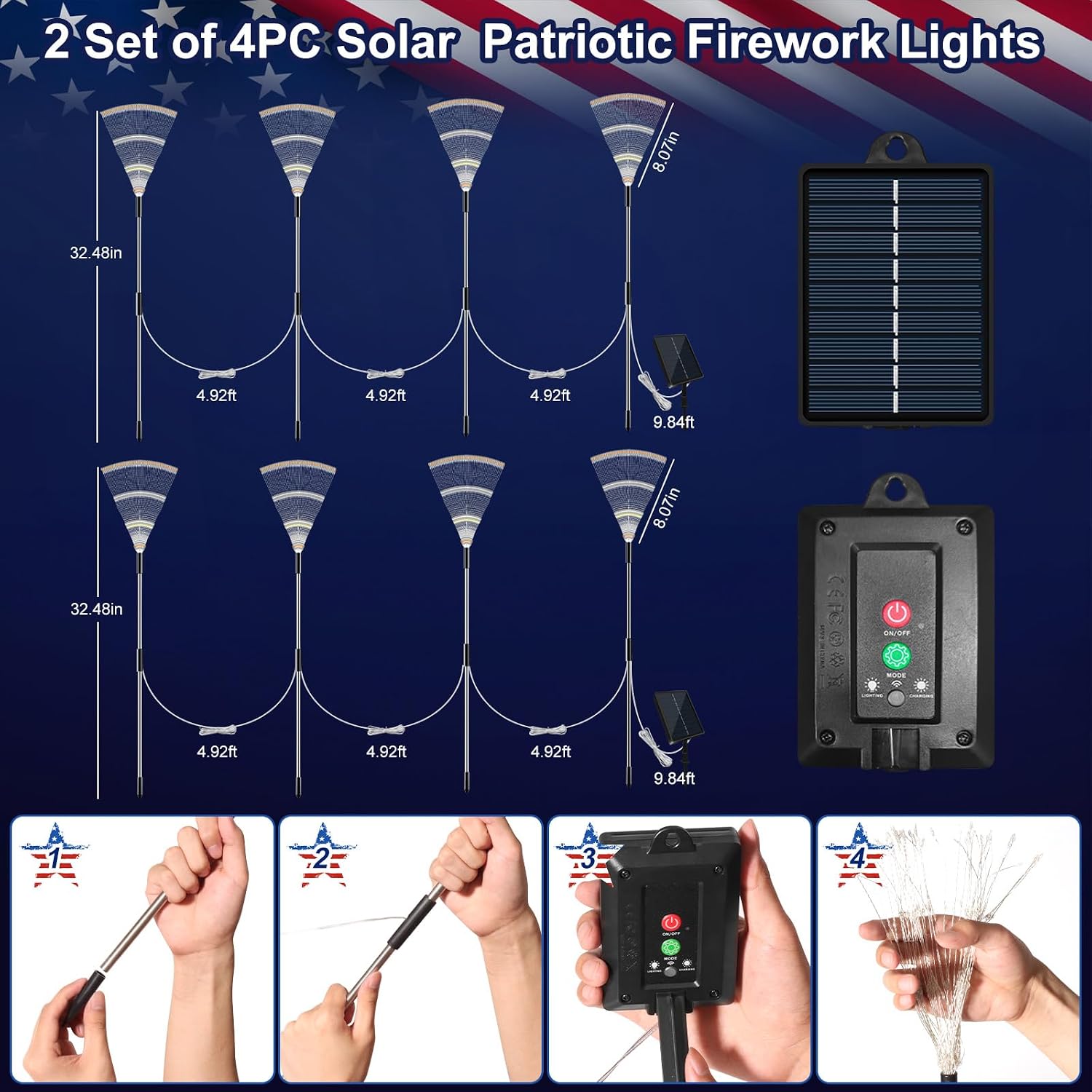 8 Pack 4th of July Solar Firework Lights Outdoor, 1440 LED 8 Modes Red White Blue Patriotic Garden Lights with Timer Remote and USB Charging for Patio Yard Pathway Decor