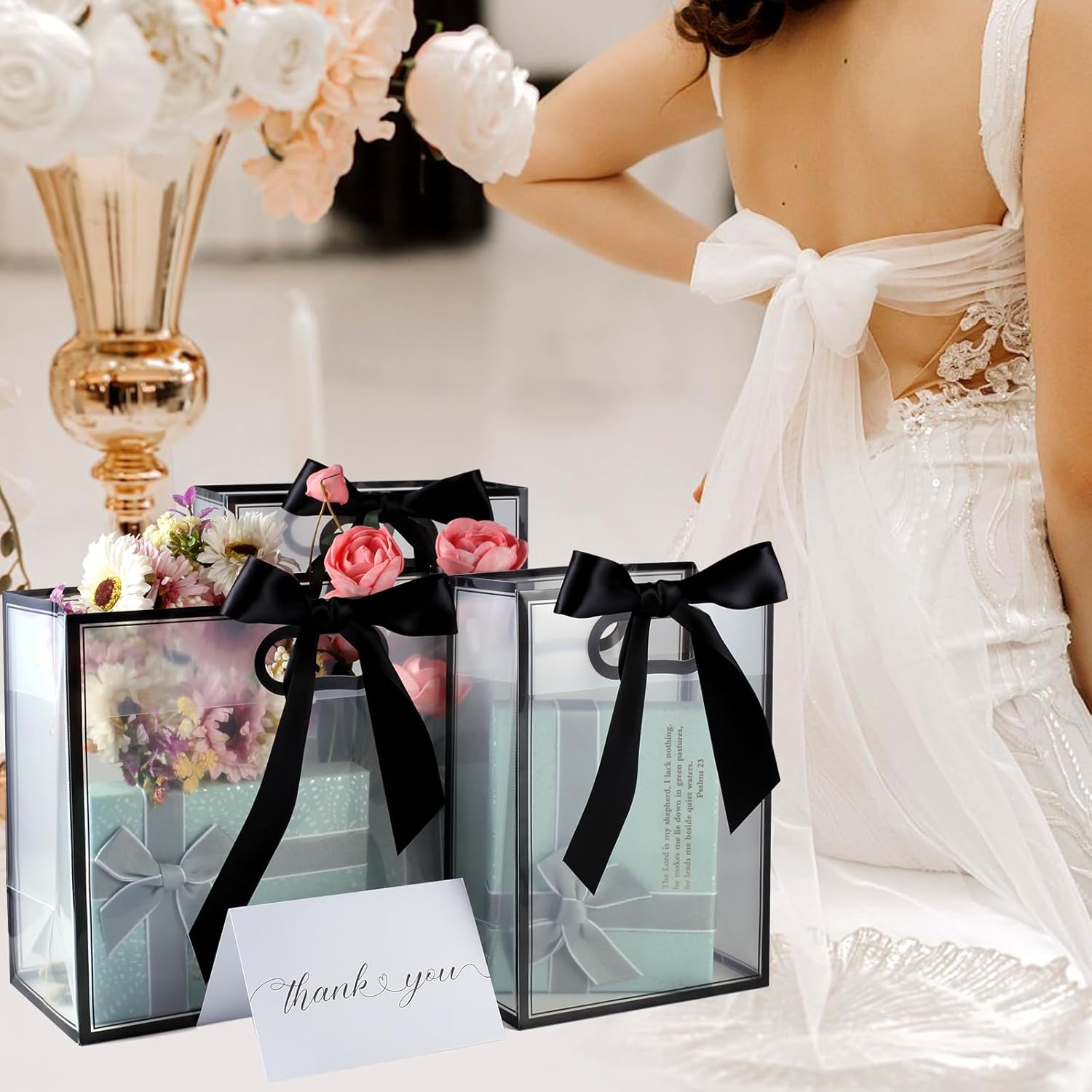 GAWBYET 24 Pcs Clear Plastic Gift Bags with Handles, Reusable Party Favor Bags With ribbons and cards for Mother's Day, Birthday, Wedding,Bachelorette Party,(7 x 10 x 3.15 Inch)