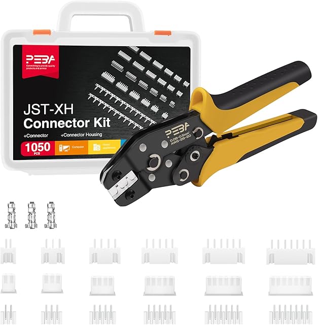 JST-XH Crimping Tools Set 1050PCS 2.54mm JST Connectors Kit with Ratchet Terminals Crimper Pliers 0.08-0.5mm² AWG28-20 JST-XH 2/3/4/5/6/7 Pin Male Female Connectors Adapter Cable Connector Socket PEBA
