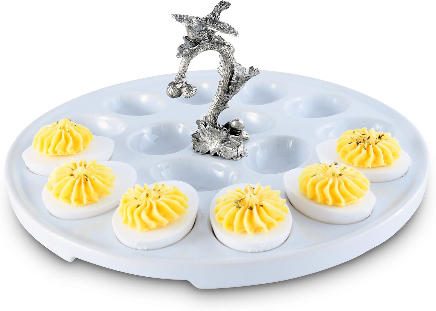 Vagabond House Stoneware Deviled Egg Tray with Pewter Song Bird Handle 10.5 inch Diameter
