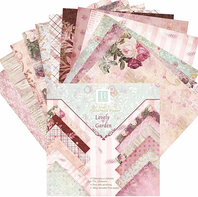 24pcs Patterned Paper Background Paper Romantic Flowers Vintage for Album Scrapbook Cards 6"x 6" inch
