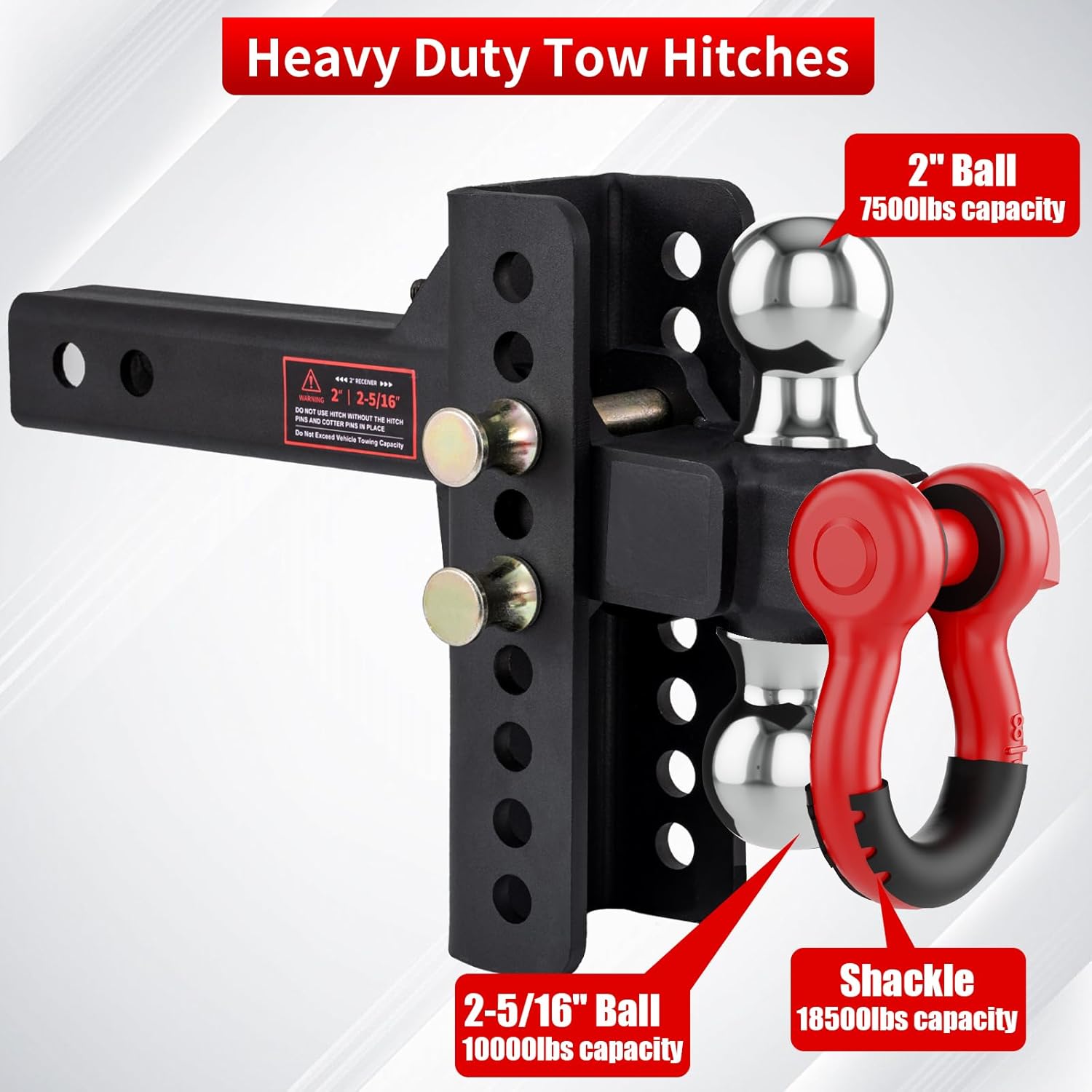 Adjustable Trailer Hitch, Ball Mount with Rotatable Tow Shackle&Anti-Theft Locking Hitch Pin&Hook, Fits 2 inch Receiver, 2-in,2-5/16-in Hitch Ball, Heavy-Duty Towing Hitch with Shackle