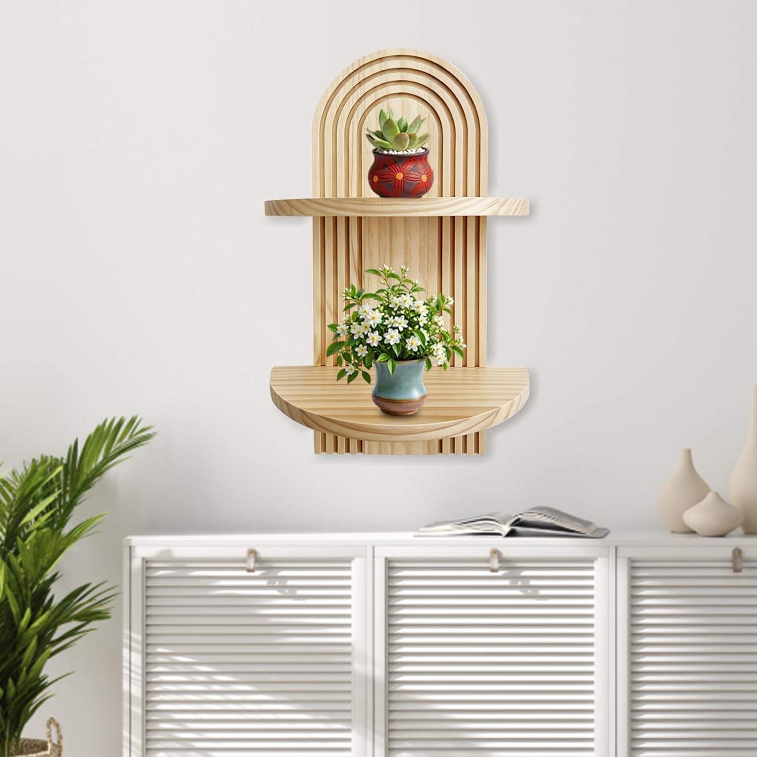 Boho Wall Decor Plant Wall Shelf, 2-Tier Wooden Floating Shelves, Arched Wall Mounted Shelf, Hanging Plant Stand for Small Plants, Decor, Books, for Bedroom Living Room Office (Natural color)