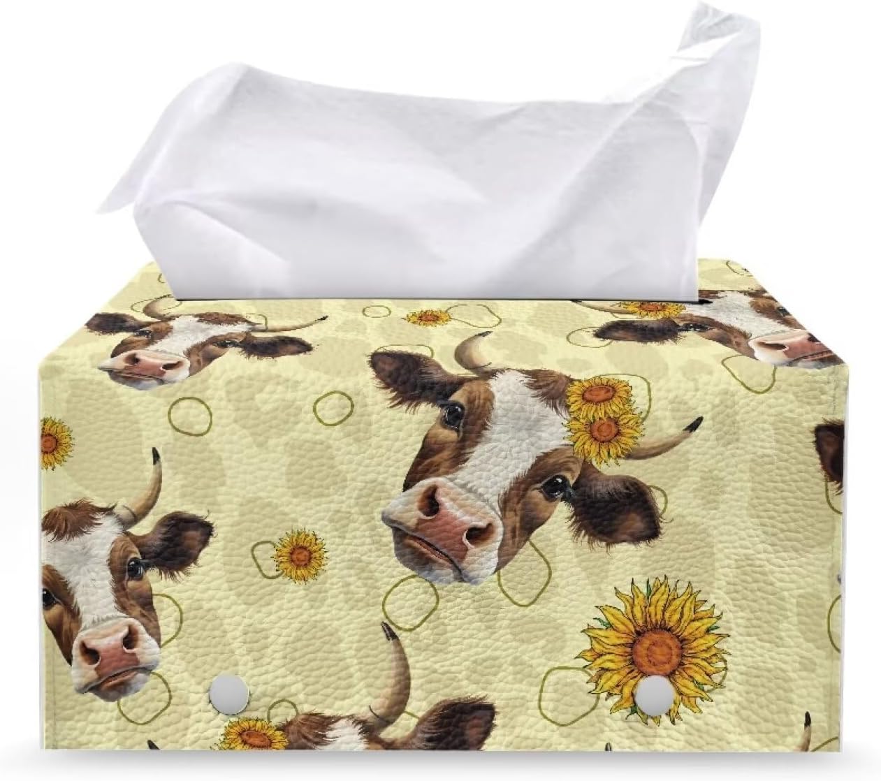 Cozeyat Rectangular Tissue Box Cover Stylish Funny Cow Sunflowers Design Tissue Box Holder with Belt Bottom, Decorative PU Leather Tissue Box for Vanity Dresser Night Stand Table Countertop