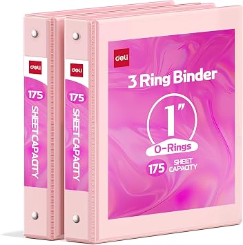 Deli 1-inch 3 Ring Binder with 2 Interior Pockets, 175 Sheets Capacity, 1 inch Binders fits 11" x 8.5" US Letter Size, Pink, 2 Pack