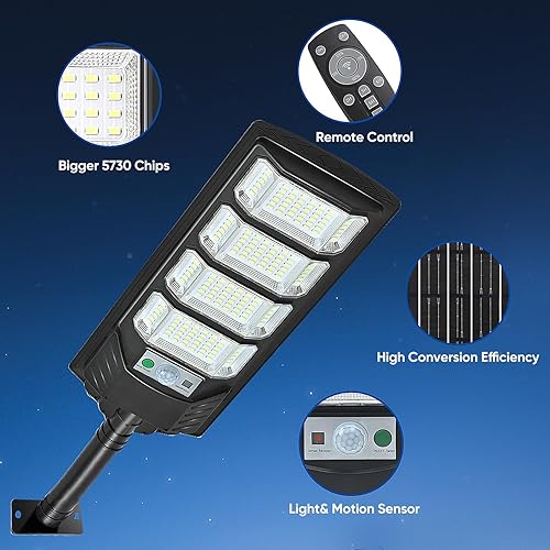 Miniatura 7 de Paquete de 4 luces solares para exteriores, impermeables, 6500 K, 12000 lúmenes, 5730SMD, luces de inundación solares del atardecer al amanecer, luz