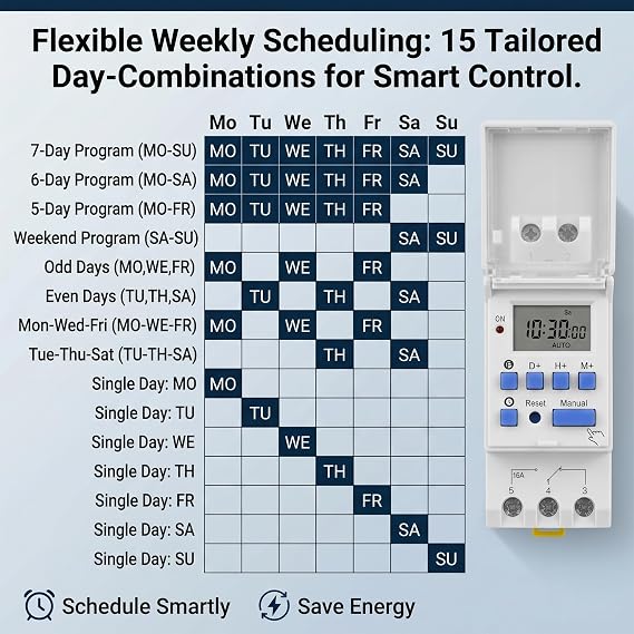 Heschen DC24V 16A Programmable LCD Timer Switch for 35mm DIN Rail, THC15A | Features 28 ON/OFF settings, 15 weekly combinations, and a 3-year battery backup