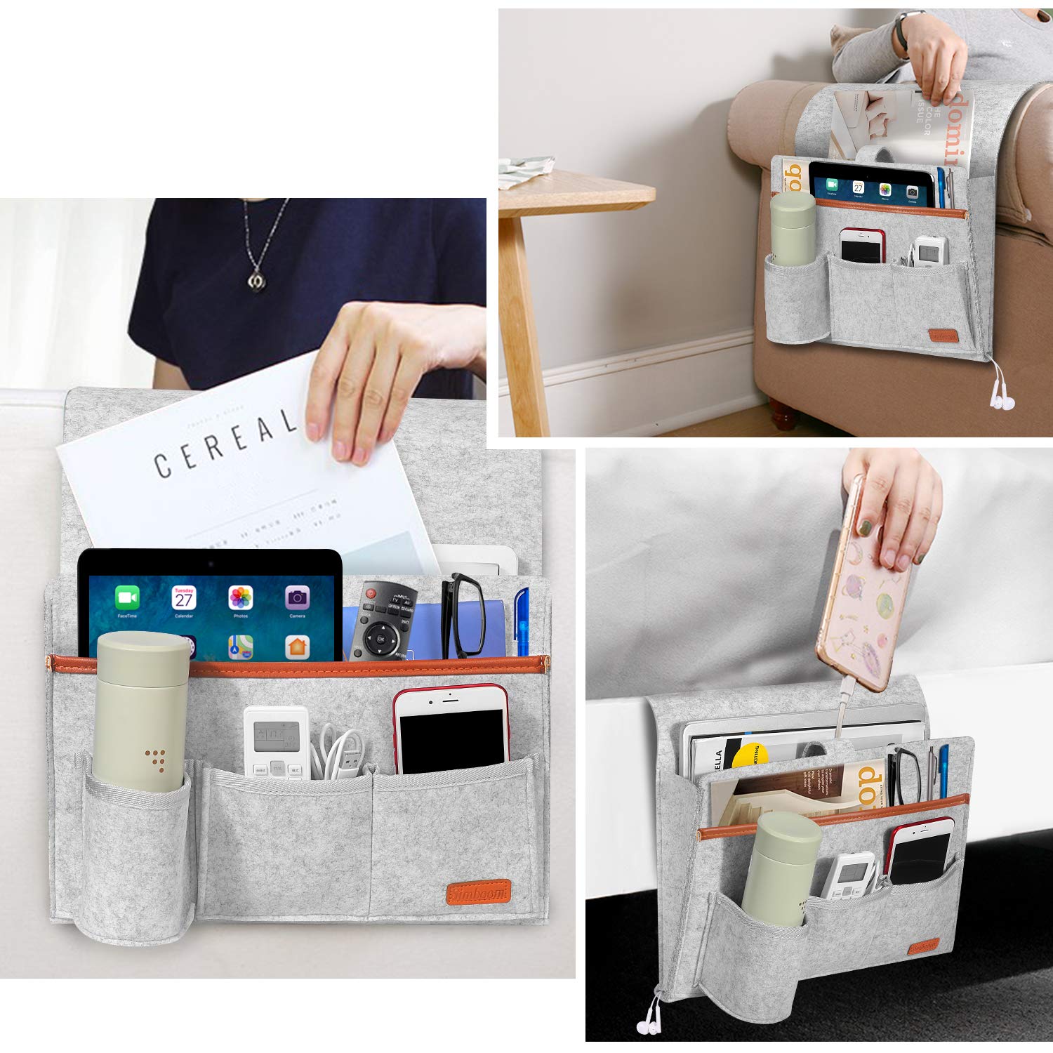 SIMBOOM Organizador de Sofá Sillón Cama, Reposabrazos Soporte de Bolsa para Mandos, Móvil, Gafas, Revistas o iPads - Gris Claro