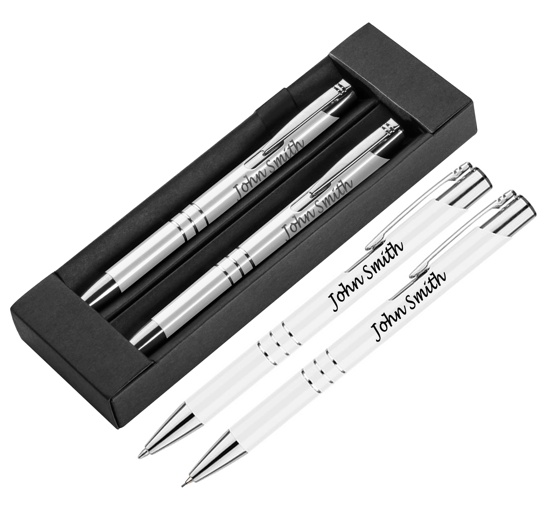 Personalised Engraved White Pen & Pencil Set Gift Boxed Personalised Gifts For Anniversary, Gift Idea, Gifts For Men and Women - Enter Your Custom Text — image 1
