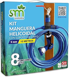 S&M 548635 – Kit de manguera helicoidal azul 10 metros (9 mm diámetro) + pistola multifunción 8 chorros + automático rosca hembra con adaptador ¾”-½” + conector rápido + soporte para grifo