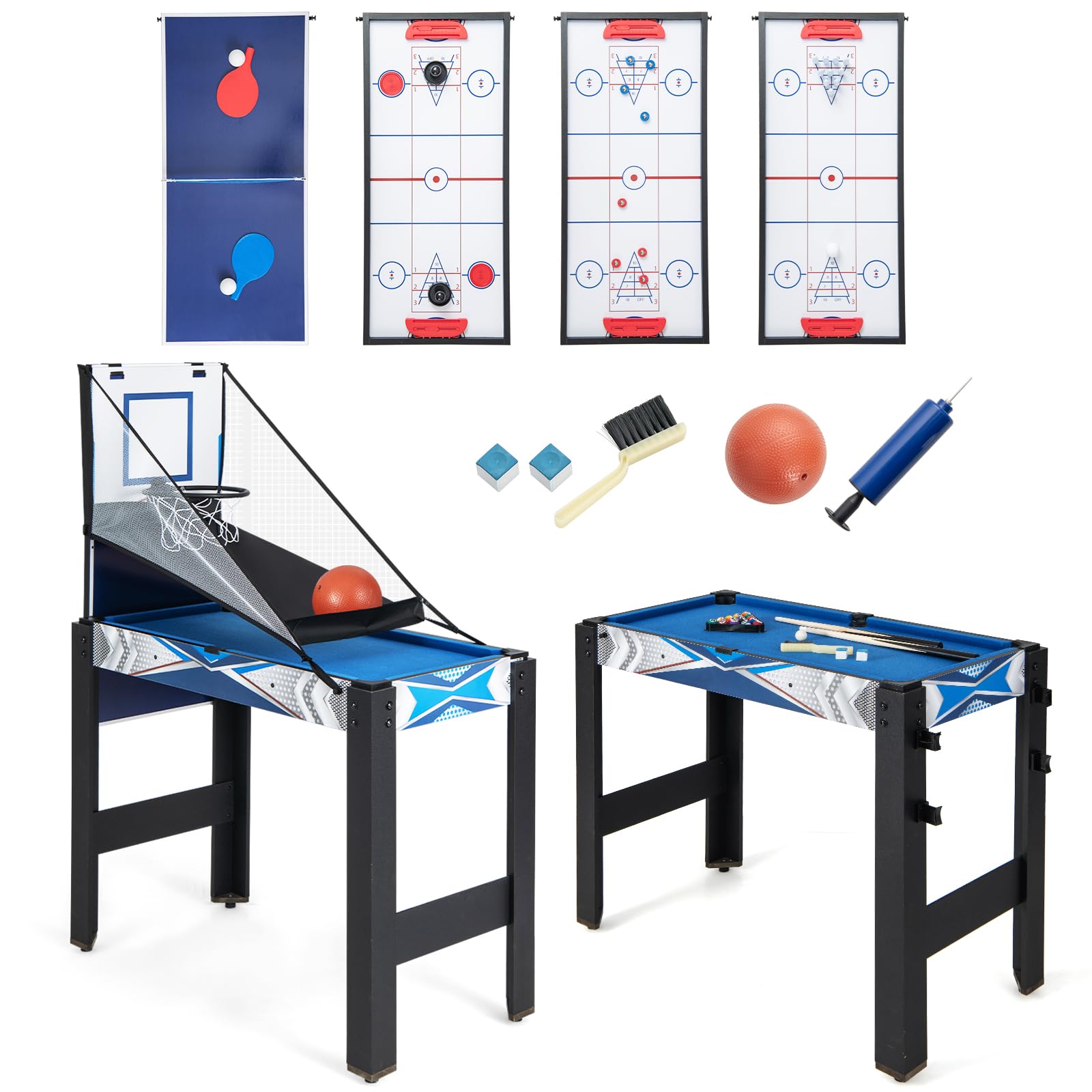 RELAX4LIFE Tavolo da Gioco 6 in 1, Set di Tavolo da Gioco Combo con Basket, Biliardo, Ping Pong, Hockey, Shuffleboard, Bowling per Casa, Stanza dei Giochi, Feste, Serate in Famiglia