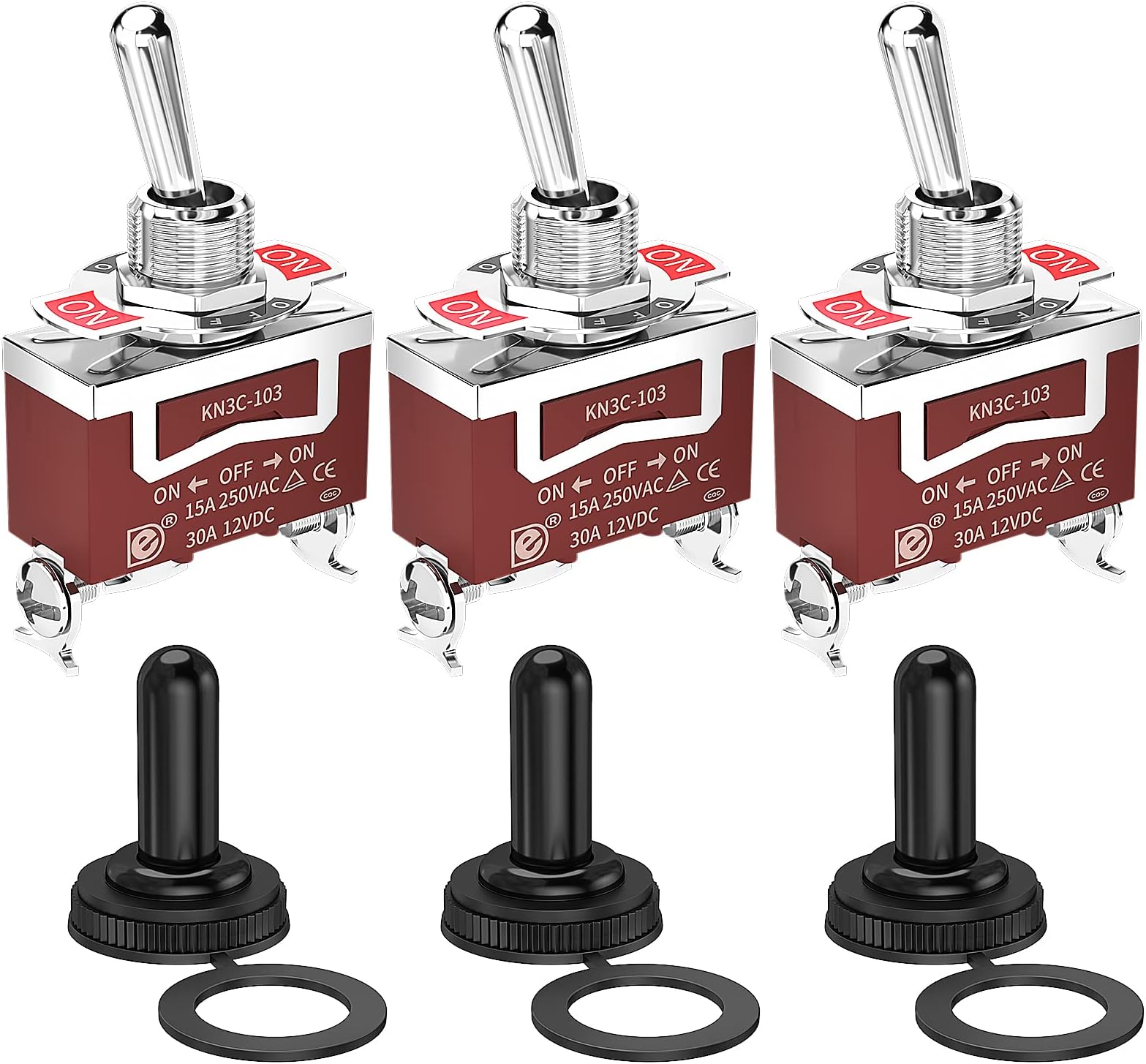 Joinfworld Waterproof Toggle Switch 12V DC 30A On Off On 3 Way SPDT 12 Volt Heavy Duty Marine Toggle Switch 3 Position 3 Pin with Weatherproof Boot Cap Cover for Car Auto Truck Boat - 3 Pack