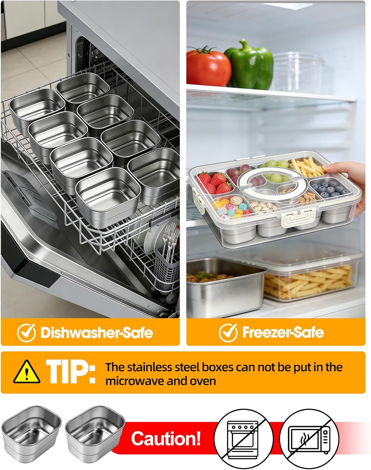 WanshengLe 8 in 1 Stainless Steel Snack Box with Lids and Handle, Dishwasher Safe 8 Compartment Divided Reusable Snacklebox Storage Snackle Box for Snacks Fruit Nuts
