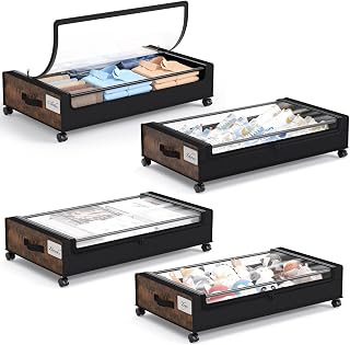 Yecaye Under Bed Storage with Wheels, 4 Pack Under Bed Storage Containers, Underbed Shoe Storage Organizer, Rolling Under Bed Metal Drawers for Clothes, Blankets, Brown