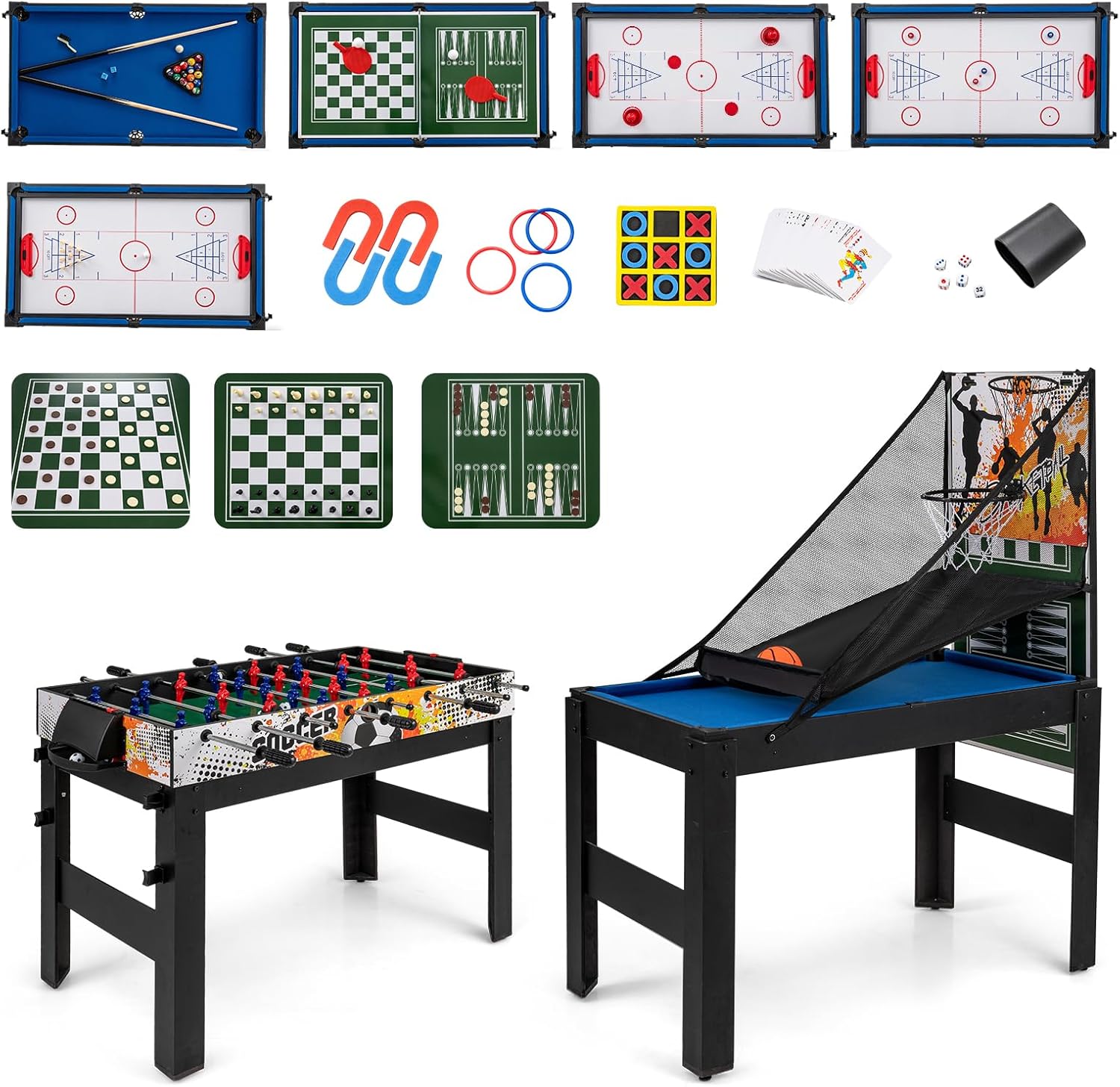 Goplus 14-in-1 Multi Game Table, Combo Game Table w/Foosball, Air Hockey, Pool, Table Tennis, Basketball, Chess, Checkers, Bowling, Shuffleboard, Adults Gifts for Home, Arcade, Game Room