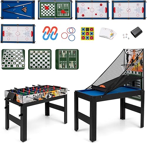 Goplus Mesa de juego múltiple 14 en 1, mesa de juego combinada con futbolín, hockey de aire, piscina, tenis de mesa, baloncesto, ajedrez, damas,