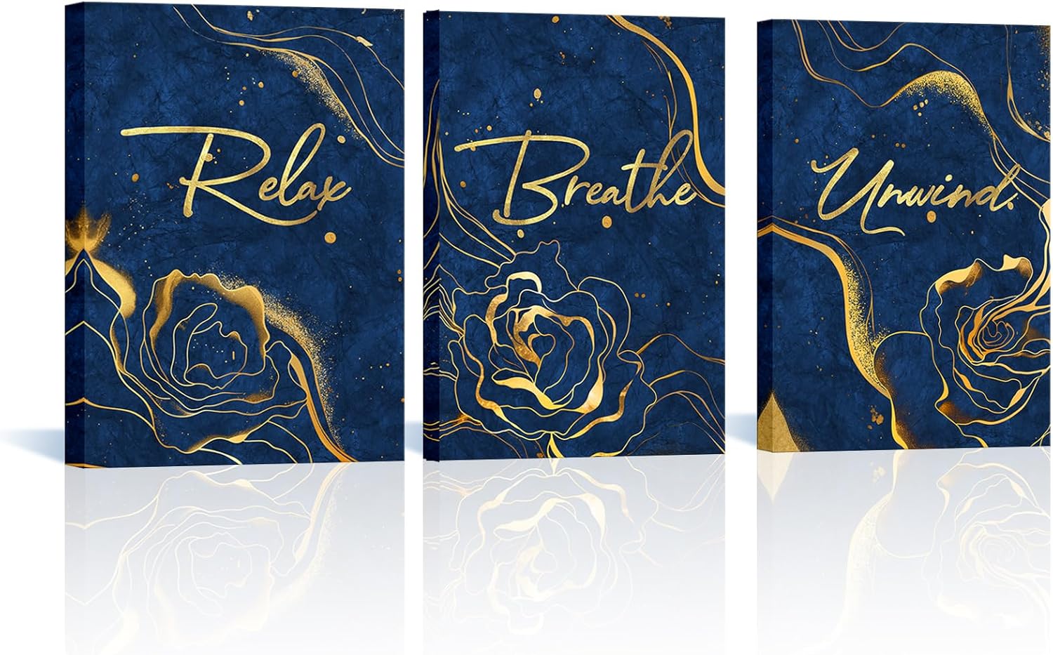 LoveHouse Relax Unwind Breathe Bathroom Decor Wall Art Navy Blue and Gold Pictures for Bathroom Blue Abstract Painting Artwork