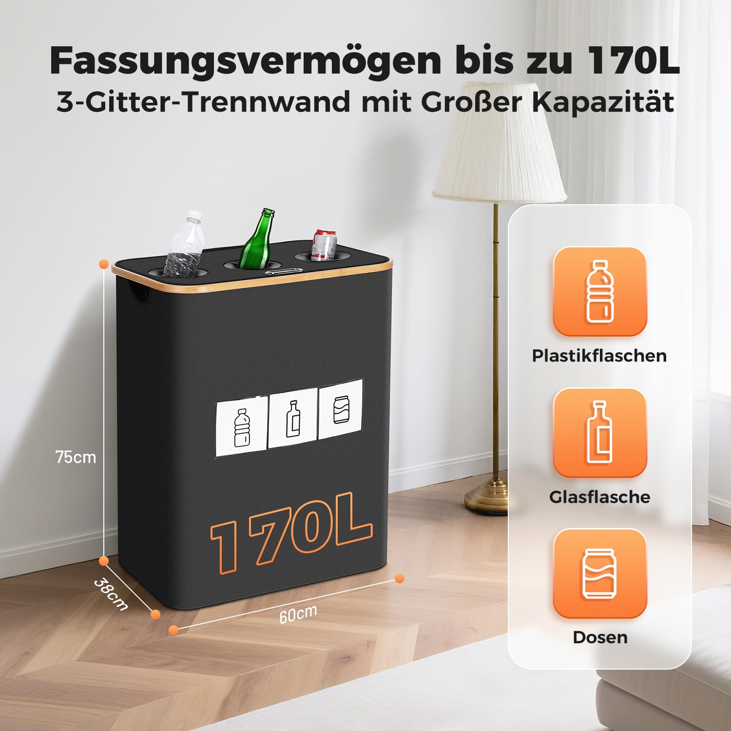 OUSFOT Pfandflaschen Sammelbehälter, 170L Schwarz Pfandflaschen 3 Fächer Leergut Sammelbehälter Pfandflaschen Behälter Geeignet für Küche