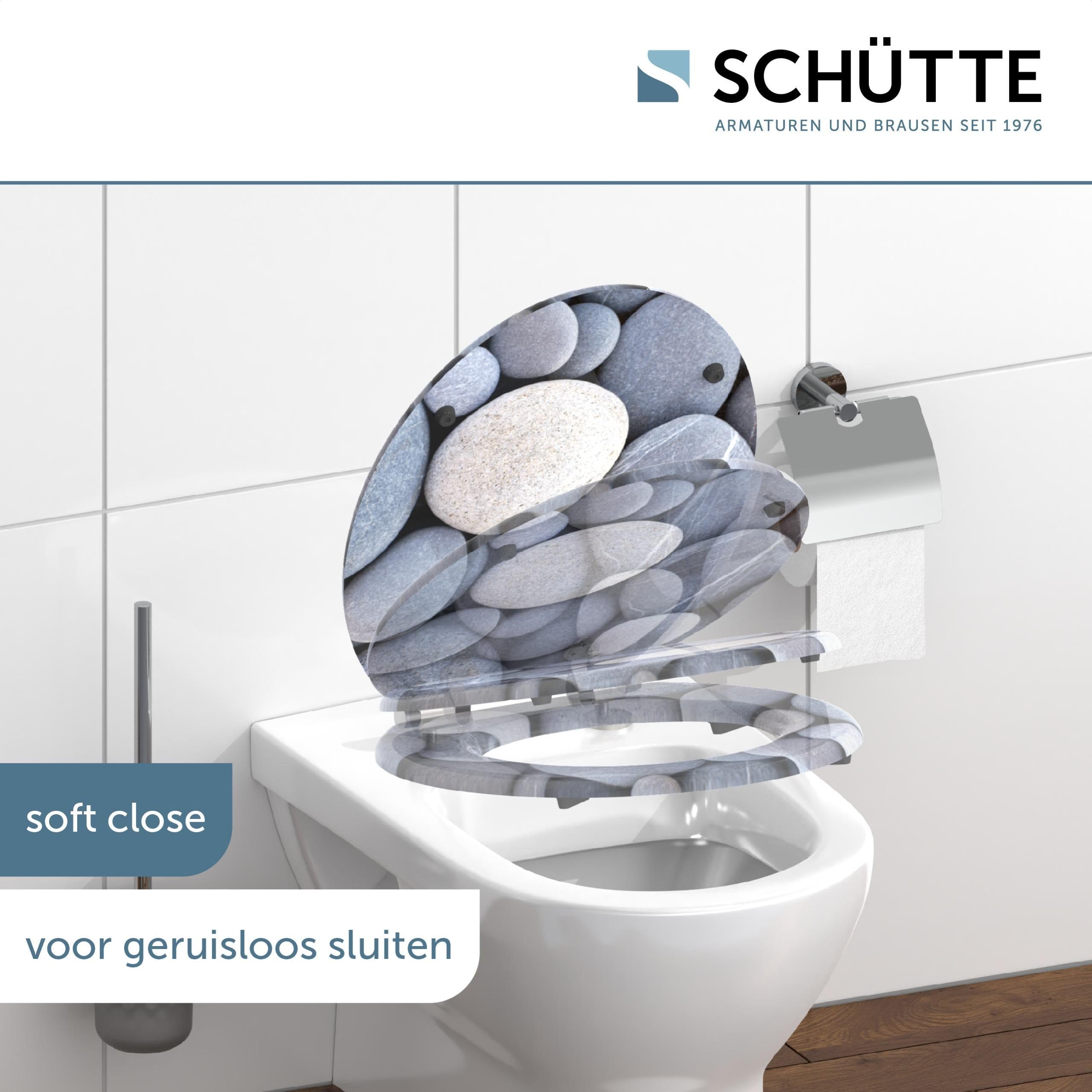 SCHÜTTE WC-bril met houten kern COLORFUL STONES, toiletbril met softclosemechanisme, geschikt voor vele standaard toiletpotten, maximale belasting van de wc-bril 150 kg, motief stenen 80120
