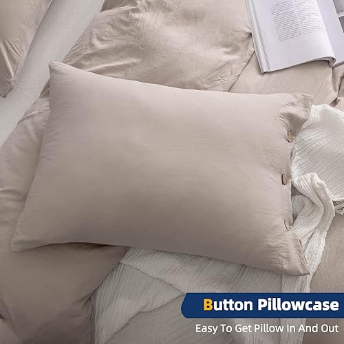 Miniatura 3 de Argstar Juego de funda de edredón de 3 piezas, tamaño matrimonial, color caqui, con cierre de botón, microfibra lavada, suave y de fácil cuidado,