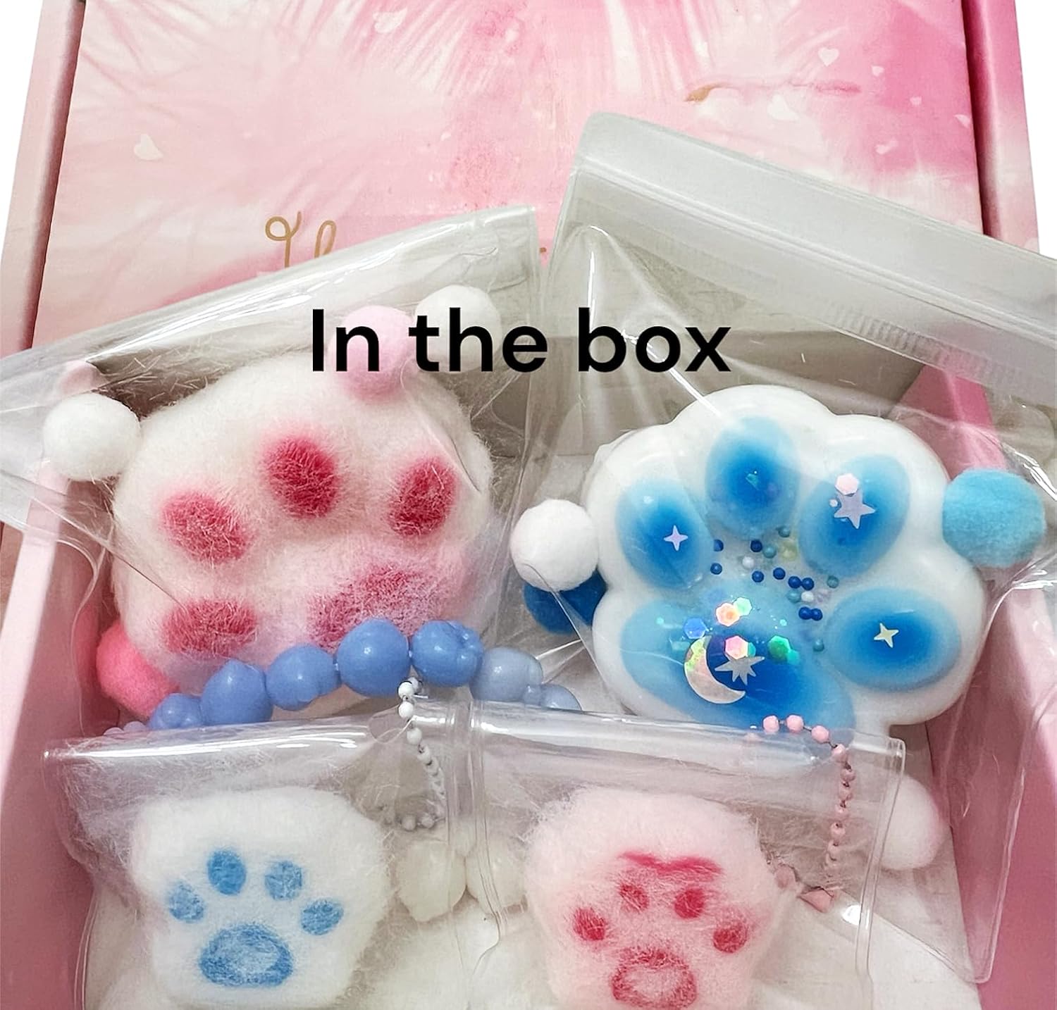 5PCS Handmade Taba Squishy Cat Paw Toys –Soft Jelly Kitty Paw Squeeze Toys, Cute Kawaii Fufu Squishies, Sticky Fur Ball Stress Relief Fidget Toys for All Ages (Blue Sticky+Pink Fur)